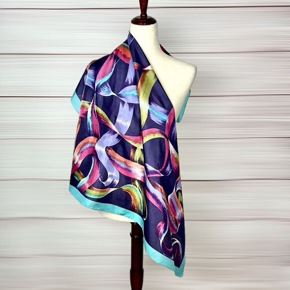 Alexander Julian Silk Scarf Scrolling Ribbons Plum Turquoise Hand Rolled - Picture 2 of 9